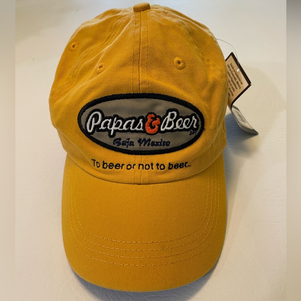 Embroidered Papas & Beer Logo Mustard Yellow Baseball Cap from Baja, Mexico.